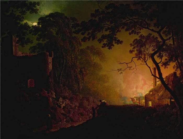 约瑟夫·赖特（Joseph Wright，英国画家）高清作品-《夜间着火的小屋》