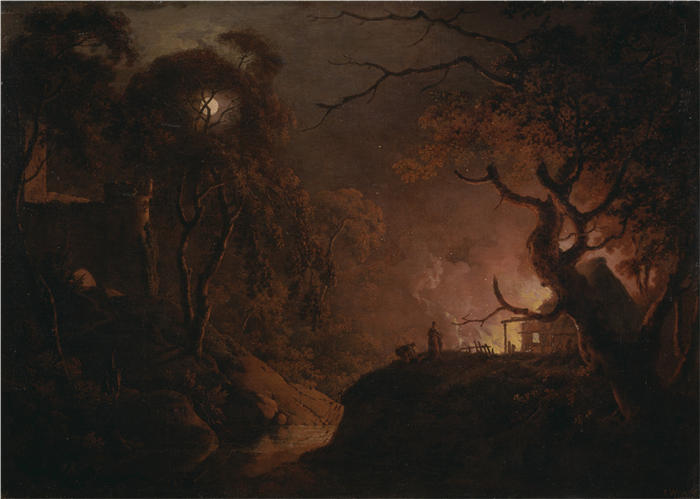 约瑟夫·赖特（Joseph Wright，英国画家）高清作品-《晚上小屋着火了》