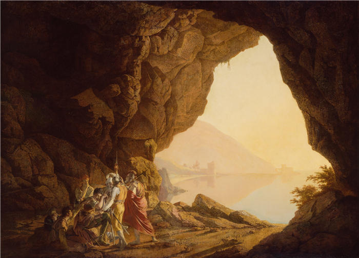 约瑟夫·赖特(Joseph Wright,英国画家)高清作品-《那不勒斯王国海边的石窟和班迪蒂,日落(1778 年)》
