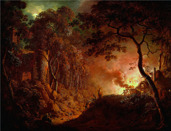 约瑟夫·赖特（Joseph Wright，英国画家）高清作品-《着火的小屋（c. 1786-1787）》