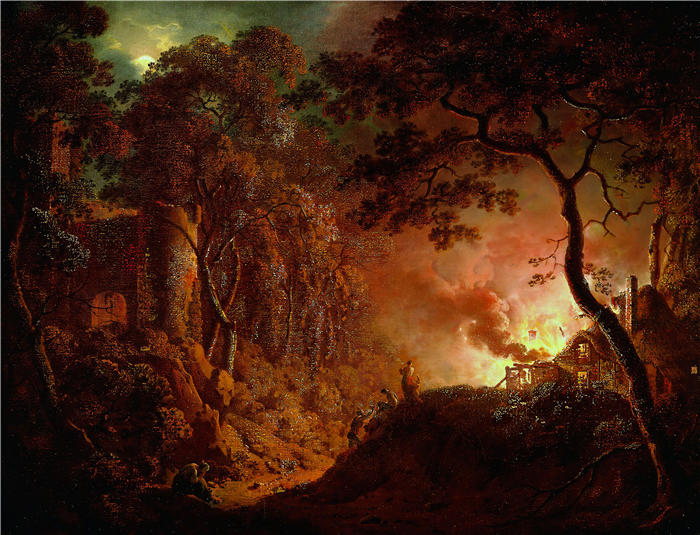 约瑟夫·赖特(Joseph Wright,英国画家)高清作品-《着火的小屋(c. 1786-1787)》