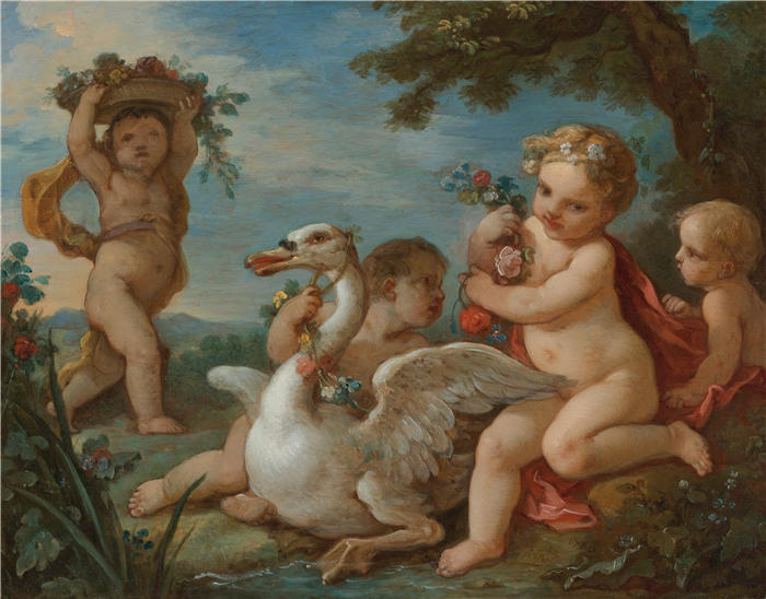 查尔斯·约瑟夫·纳托瓦（Charles Joseph Natoire，法国画家）高清作品-《普蒂用花环装饰天鹅（1760）》