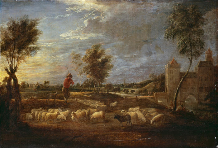 大卫·特尼尔斯（David Teniers the Younger，比利时画家）高清作品-《与牧羊人和他的羊群的日落风景》