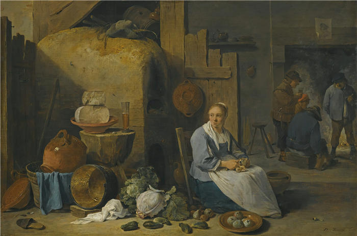 大卫·特尼尔斯（David Teniers the Younger，比利时画家）高清作品-《谷仓内部和女仆准备蔬菜（1643 年）》