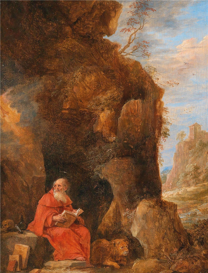 大卫·特尼尔斯（David Teniers the Younger，比利时画家）高清作品-《石窟外的圣杰罗姆景观》