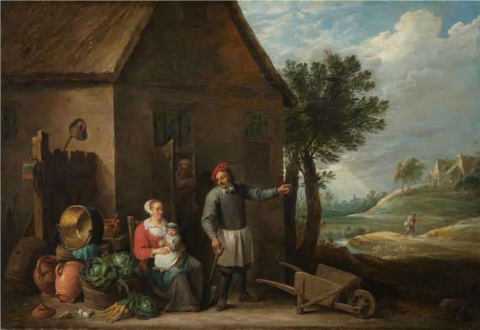 大卫·特尼尔斯（David Teniers the Younger，比利时画家）高清作品-《农家门口的丈夫和一个坐着的女人和孩子（c. 1650 - c. 1655）》