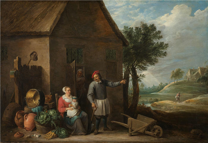 大卫·特尼尔斯(David Teniers the Younger,比利时画家)高清作品-《农家门口的丈夫和一个坐着的女人和孩子(c. 1650 - c. 1655)》