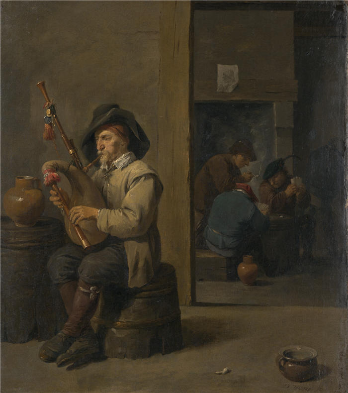 大卫·特尼尔斯（David Teniers the Younger，比利时画家）高清作品-《旅馆里的风笛手（约 1635–45 年）》