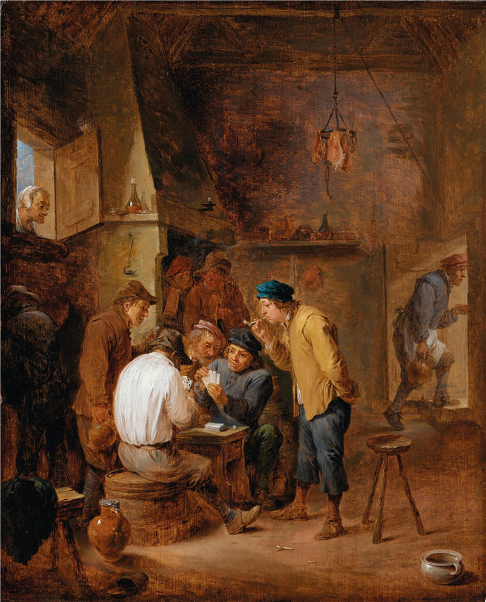 大卫·特尼尔斯（David Teniers the Younger，比利时画家）高清作品-《小酒馆内部有 boors 扑克牌》