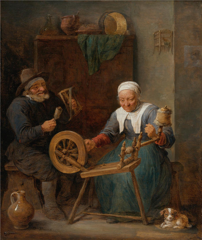 大卫·特尼尔斯（David Teniers the Younger，比利时画家）高清作品-《一对老夫妇在室内纺羊毛》