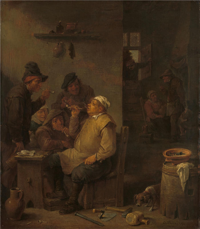 大卫·特尼尔斯（David Teniers the Younger，比利时画家）高清作品-《梅森与同伴在酒馆吸烟（约 1675 年）》