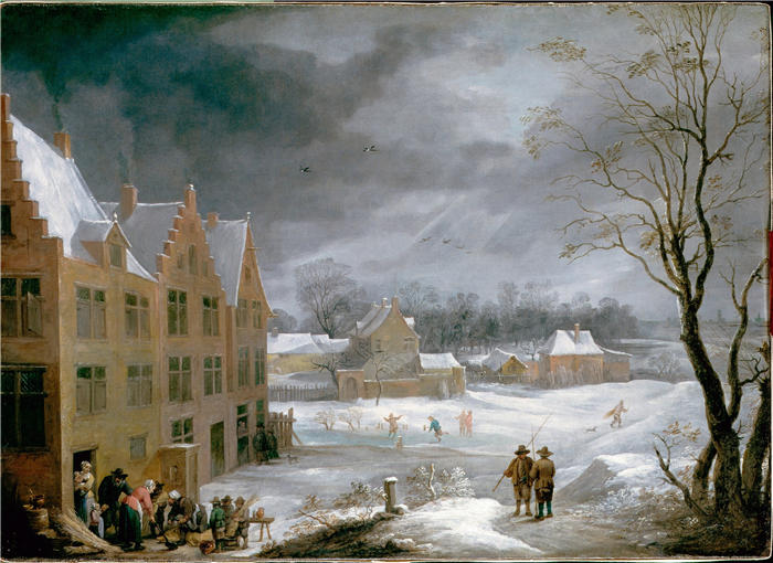 大卫·特尼尔斯（David Teniers the Younger，比利时画家）高清作品-《一个人杀猪的冬天场景》