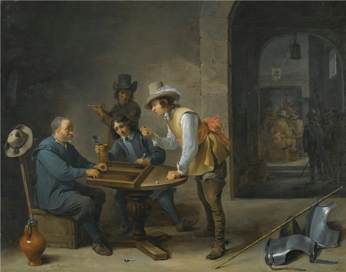 大卫·特尼尔斯（David Teniers the Younger，比利时画家）高清作品-《前景中的 Tric-Trac 玩家的警卫室场景（1647 年）》
