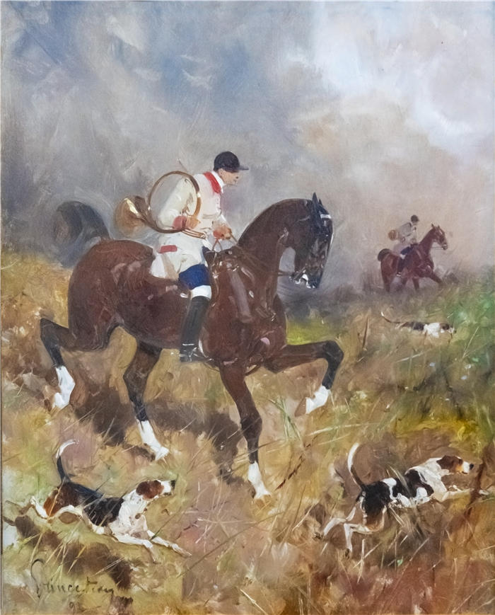 勒内·皮埃尔·查尔斯·普林斯托  (René Pierre Charles Princeteau，法国画家)-《用猎犬狩猎骑手》