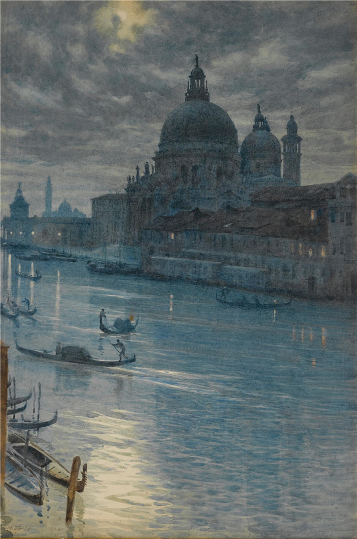 爱德华·约翰·波因特(Edward John Poynter,英国画家)高清作品-《月光场景,威尼斯 (1879)》