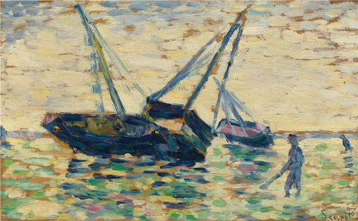 乔治·苏拉特（Georges Seurat，法国画家）高清作品-《三艘船只和一名水手（格兰德坎普搁浅研究）（1885年）》