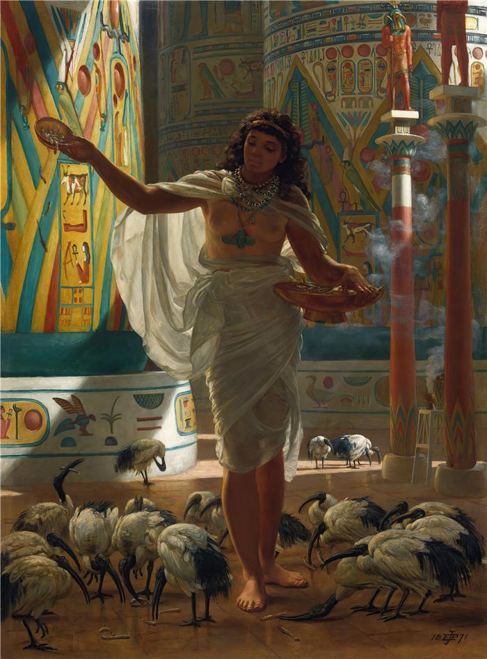 爱德华·约翰·波因特（Edward John Poynter，英国画家）高清作品-《在卡纳克的大厅里喂养神圣的宜必思》