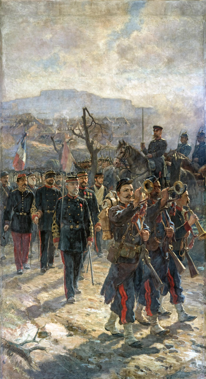 让-安德烈·瑞克森斯 (Jean-André Rixens,法国画家)-《图卢兹的机动炮手以战争荣誉离开贝尔福》