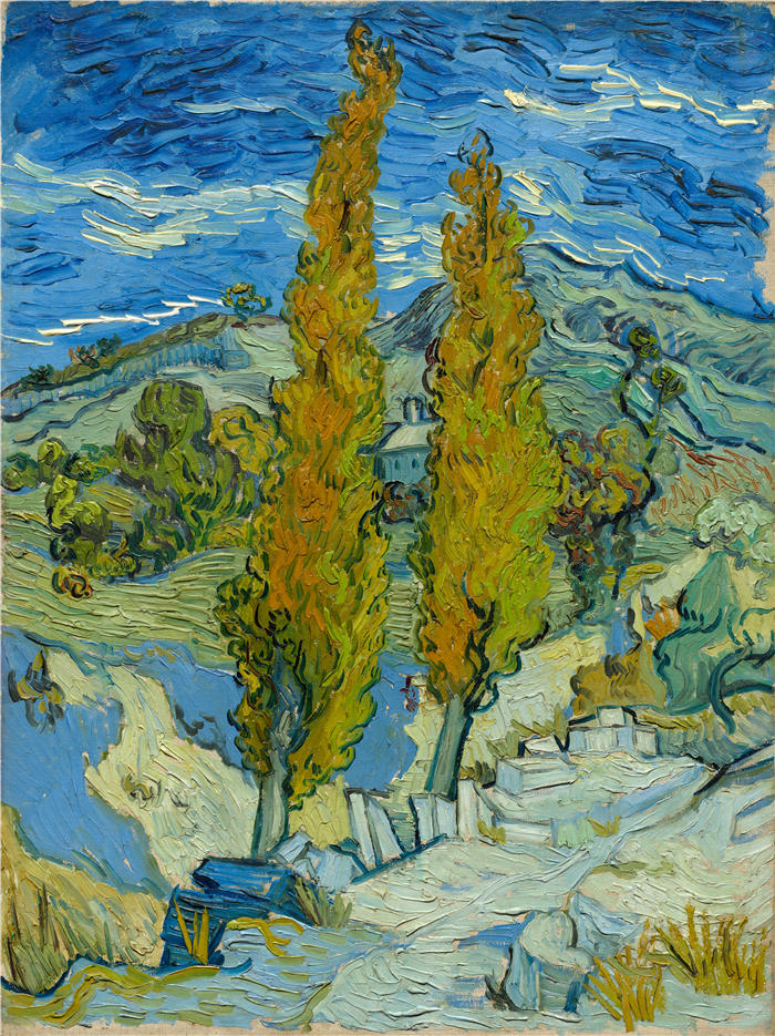 文森特·梵高（Vincent van Gogh） –穿过山丘的道路上的两个杨树油画（超高清作品）