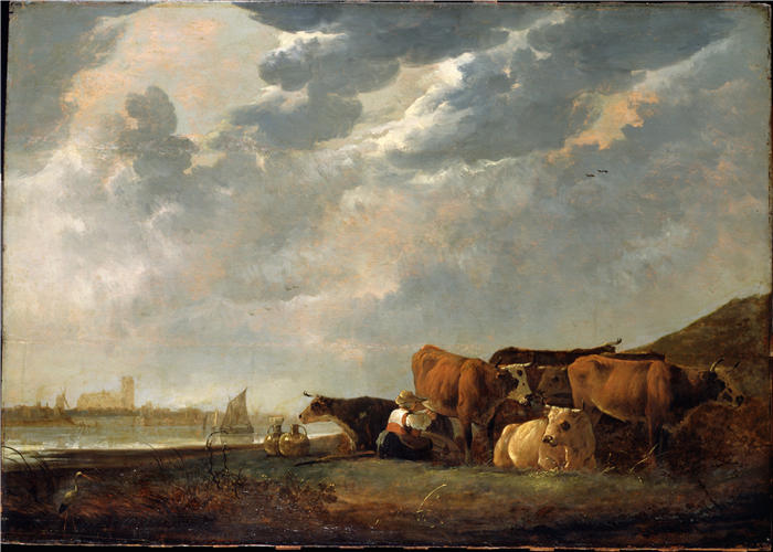 阿尔伯特·库普（Aelbert Cuyp，荷兰画家）高清作品-《马斯河附近的牛群》
