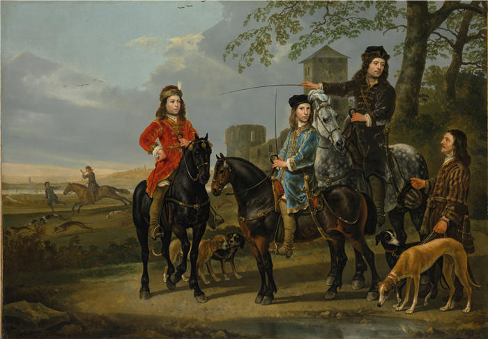 阿尔伯特·库普(Aelbert Cuyp,荷兰画家)高清作品-《Cornelis 与导师和车夫的马术肖像》