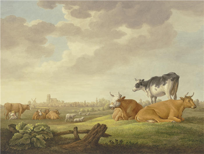 阿尔伯特·库普（Aelbert Cuyp，荷兰画家）高清作品-《草地上牛羊与送奶人》