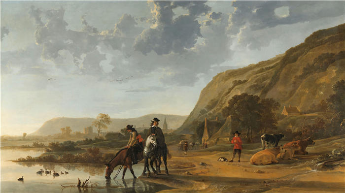 阿尔伯特·库普（Aelbert Cuyp，荷兰画家 ）高清作品-《骑手的河流景观（1653 - 1657）》