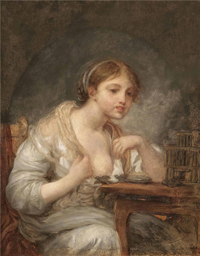 让-巴蒂斯特·格鲁兹（Jean-Baptiste Greuze，法国画家）高清作品-《一个带着鸟笼的年轻女子》