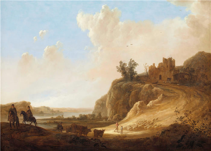 阿尔伯特·库普（Aelbert Cuyp，荷兰画家 ）高清作品-《山景与城堡遗址 (1640 - 1650)》