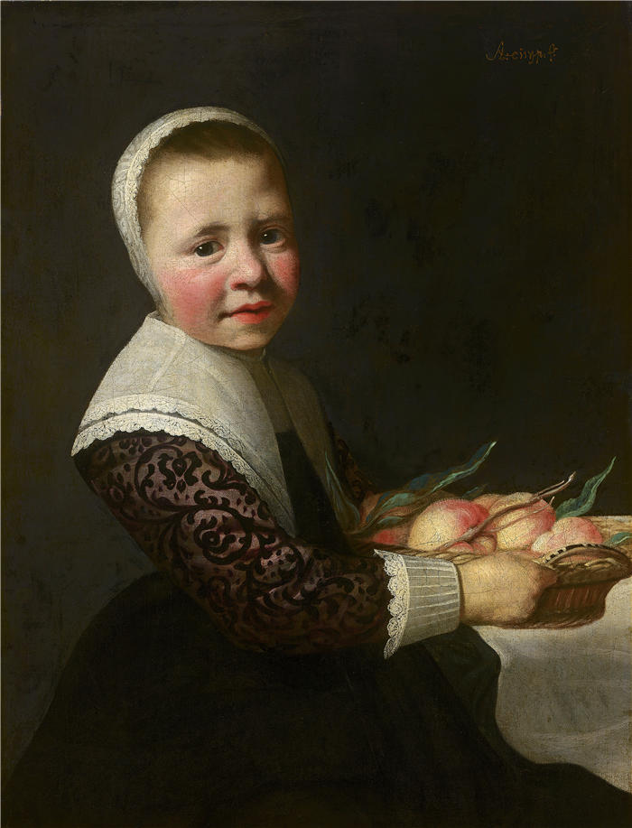 阿尔伯特·库普（Aelbert Cuyp，荷兰画家 ）高清作品-《一个有桃子的女孩的肖像》
