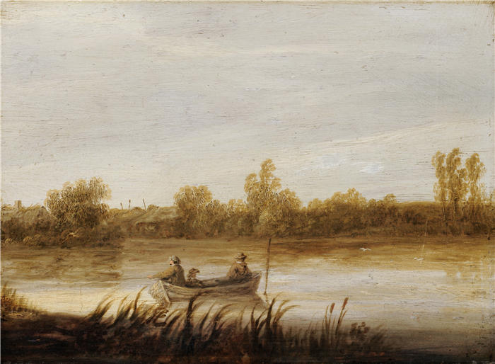 阿尔伯特·库普（Aelbert Cuyp，荷兰画家）高清作品-《河景与渔民在船上 (1640)》