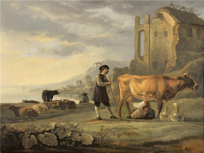 阿尔伯特·库普（Aelbert Cuyp，荷兰画家 ）高清作品-《女仆挤奶的风景（约 1655 年）》
