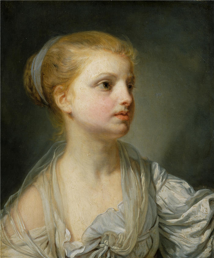 让-巴蒂斯特·格鲁兹(Jean-Baptiste Greuze,法国画家)高清作品-《穿白色连衣裙的女孩(c.1765)》