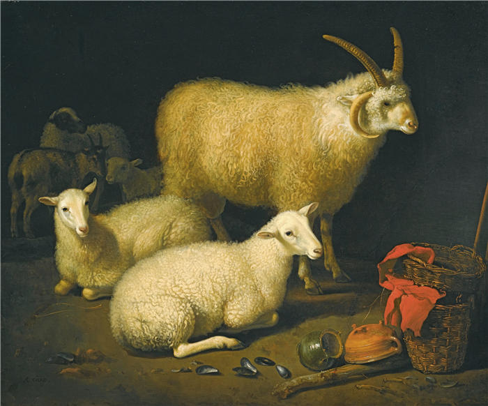 阿尔伯特·库普（Aelbert Cuyp，荷兰画家）高清作品-《谷仓内部有一只四角公羊和四只母羊》