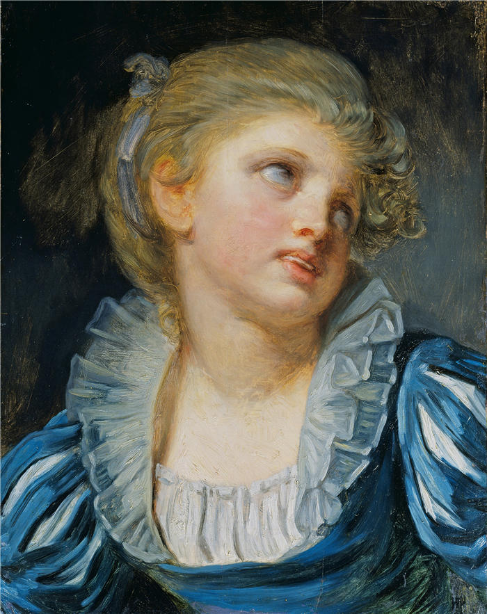 让-巴蒂斯特·格鲁兹（Jean-Baptiste Greuze，法国画家）高清作品-《穿蓝色连衣裙的女孩（约 1800 年）》