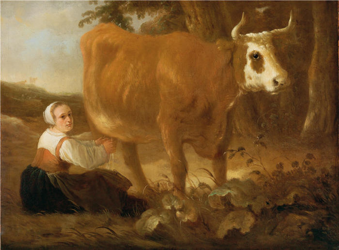 阿尔伯特·库普（Aelbert Cuyp，荷兰画家）高清作品-《挤奶女工和奶牛》