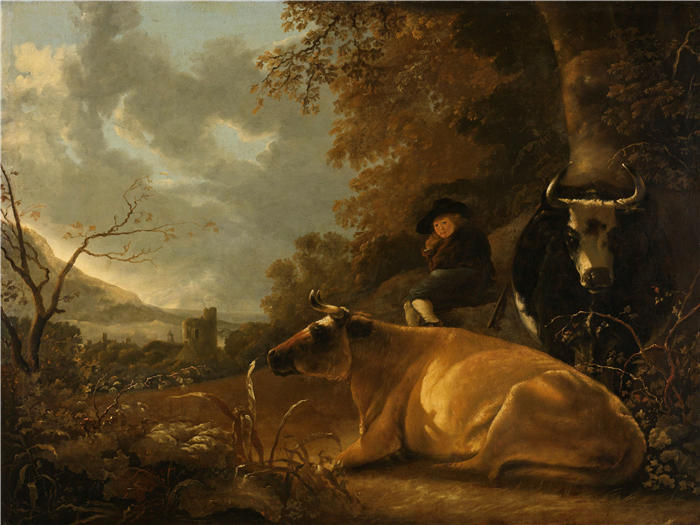 阿尔伯特·库普（Aelbert Cuyp，荷兰画家 ）高清作品-《奶牛和年轻牧人的风景（1650 - 1670）》