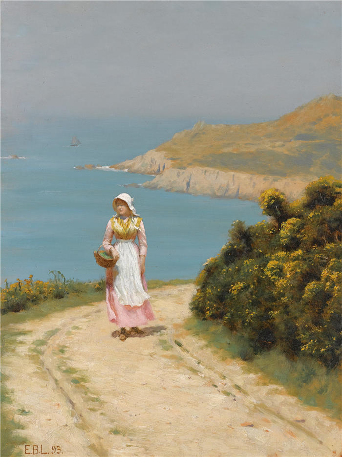 埃德蒙·布莱尔·莱顿(Edmund Blair Leighton,英国画家)高清作品-《沿海小径上的女孩 (1893)》