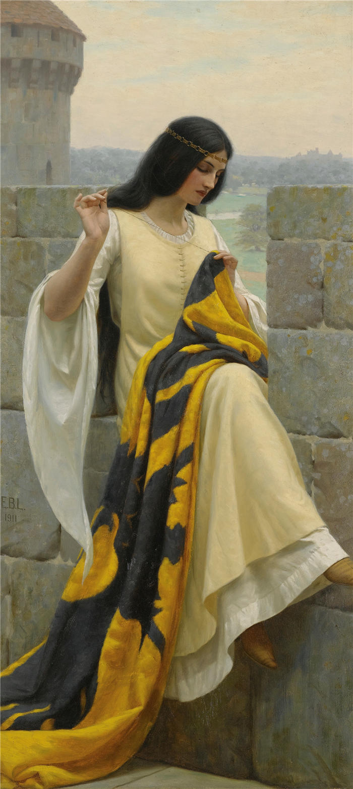 埃德蒙·布莱尔·莱顿(Edmund Blair Leighton,英国画家)高清作品-《缝合标准 (1911)》