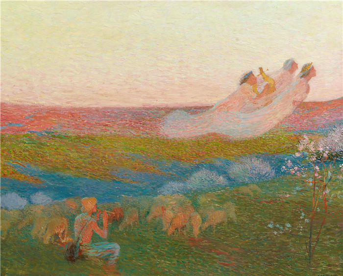 亨利·吉恩·纪尧姆·马丁(Henri-Jean Guillaume Martin,法国画家)高清作品-《伯杰和他的三个缪斯女神》