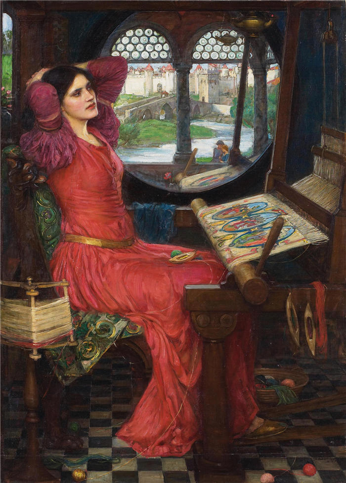 约翰·威廉姆·沃特豪斯(John William Waterhouse,英国画家) 高清作品-《夏洛特夫人说,我对阴影有一半病了(1916 年)》