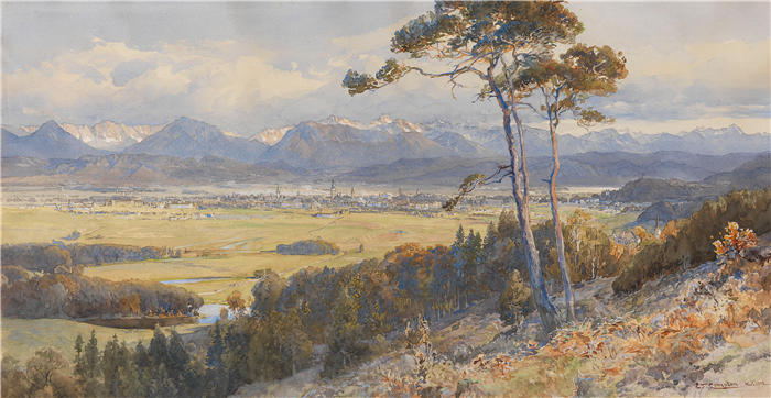 爱德华·西奥多·康普顿（Edward Theodore Compton，德国画家）高清作品-《卡拉万肯山脉前的克拉根福风景（1912年）》