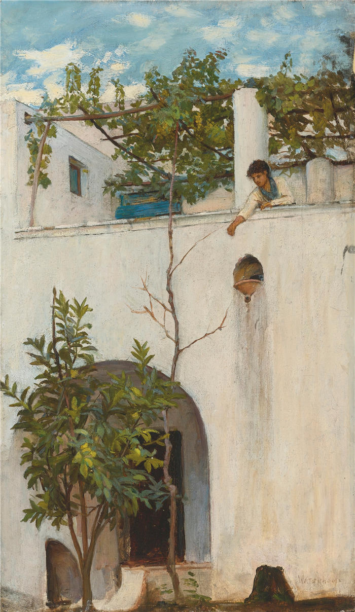约翰·威廉姆·沃特豪斯(John William Waterhouse,英国画家) 高清作品-《阳台上的女士,卡普里岛》