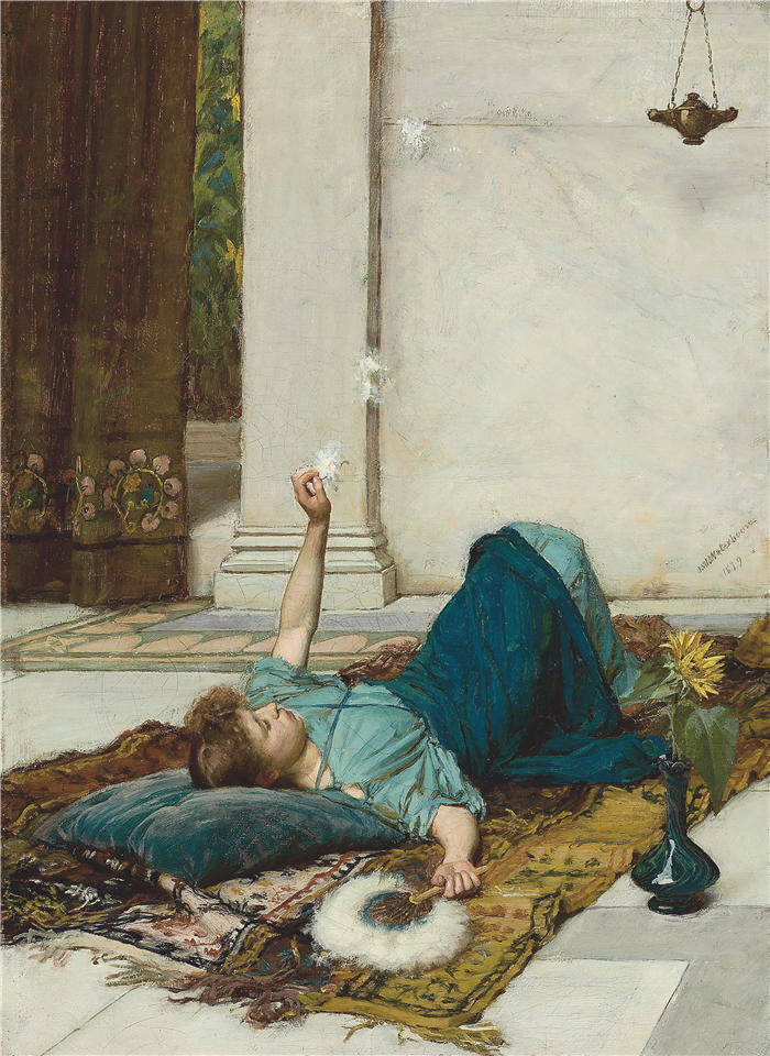 约翰·威廉姆·沃特豪斯(John William Waterhouse,英国画家) 高清作品-《 悠闲,Dolce Far Niente (1879)》