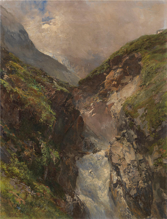 爱德华·西奥多·康普顿（Edward Theodore Compton，德国画家）高清作品-《瀑布雷鸣的峡谷（约1880年）》