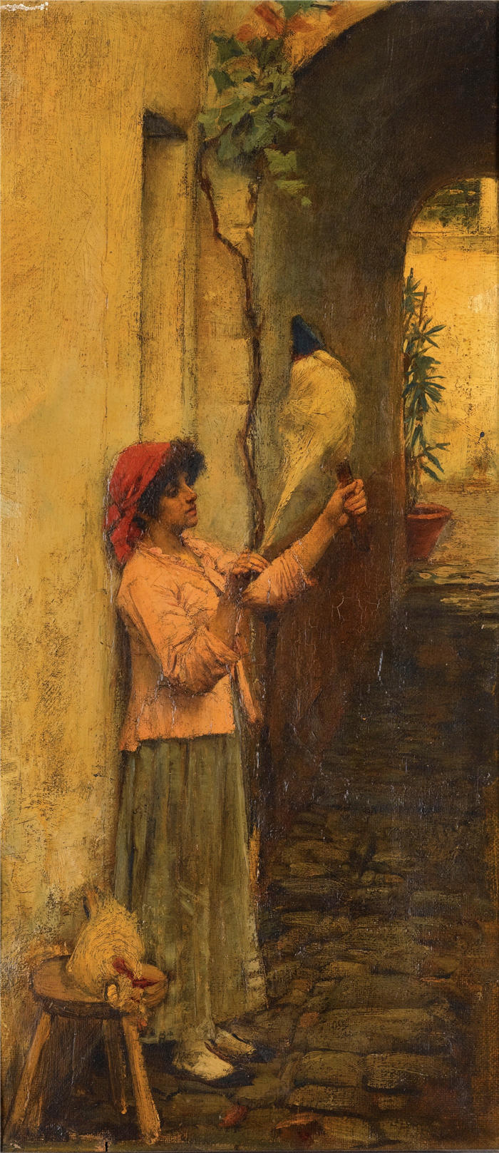 约翰·威廉姆·沃特豪斯(John William Waterhouse,英国画家) 高清作品-《那不勒斯亚麻纺纱厂》