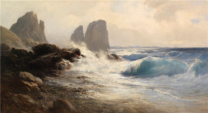 爱德华·西奥多·康普顿（Edward Theodore Compton，德国画家）高清作品-《卡普里海岸外的法拉利奥尼岩石（1874年）》