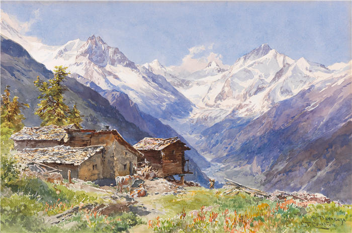 爱德华·西奥多·康普顿（Edward Theodore Compton，德国画家）高清作品-《Die Alpe Barneuza（瓦利斯）（1900）》