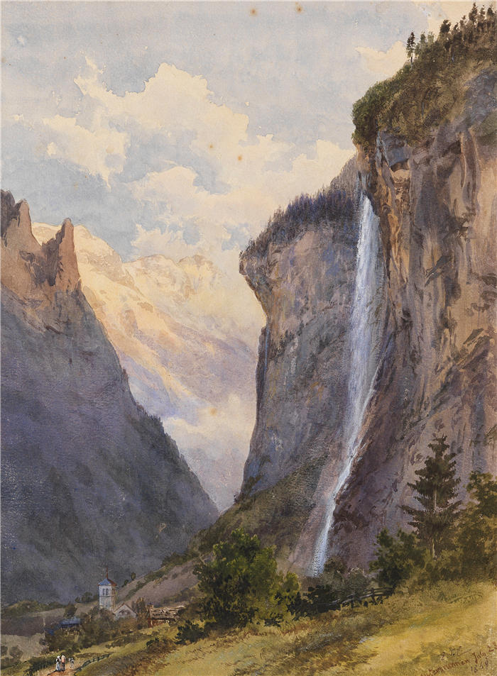 爱德华·西奥多·康普顿（Edward Theodore Compton，德国画家）高清作品-《劳特布龙嫩（瑞士）的 Der Staubbachfall（1869 年）》