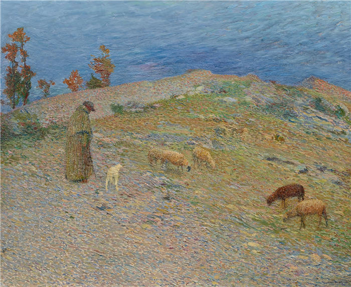 亨利·吉恩·纪尧姆·马丁(Henri-Jean Guillaume Martin,法国画家)高清作品-《牧羊人和他的羊》